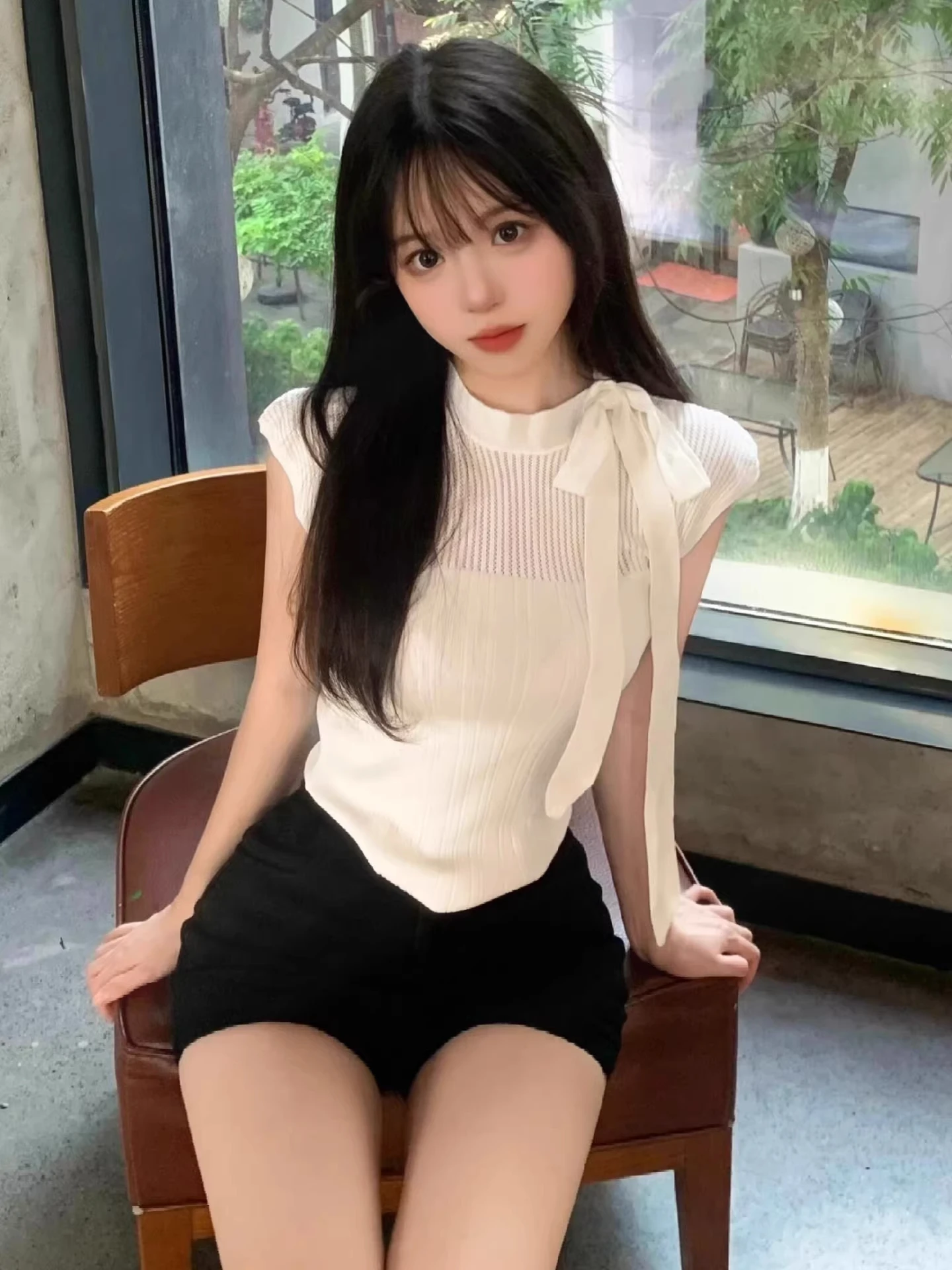 Korean Style Pure Desire  Knot Tie Short Sleeve Knitted Top Women Summer Unique Atmosphere Sensation Beautiful Shirt