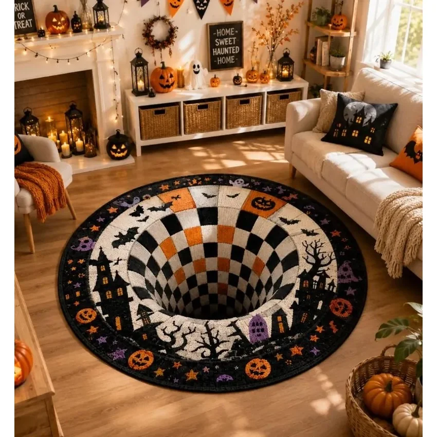 Halloween 3D Checkered Pit Round Area Rug Gothic Haunted House and Dead Tree Pattern Carpet for Spooky Bedroom Decor
