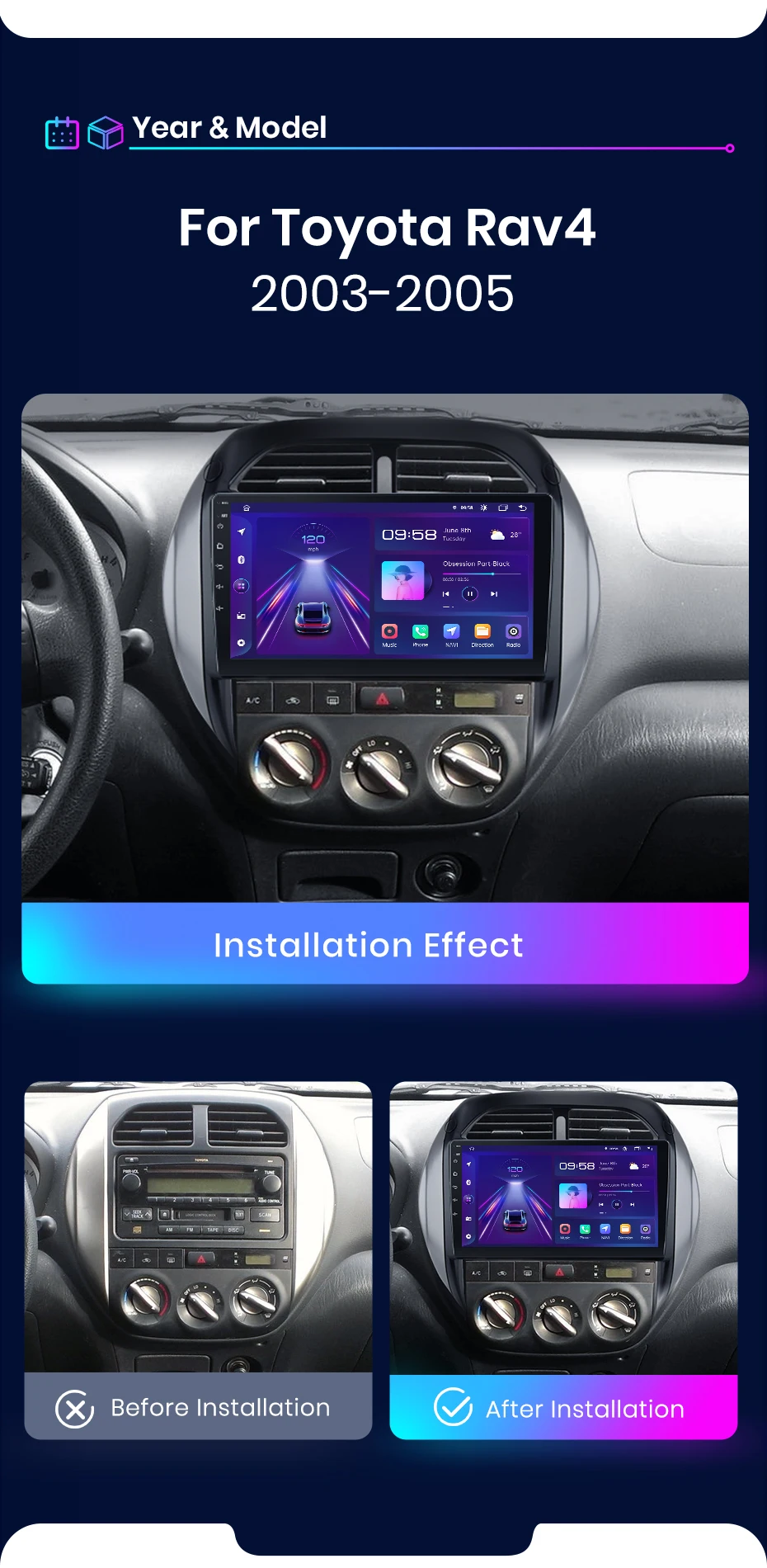 Junsun AI Wireless CarPlay für Apple Android 14 Auto Autoradio für Toyota RAV4 2003 2004 2005 Multimedia Navi Stereo – Detail 3