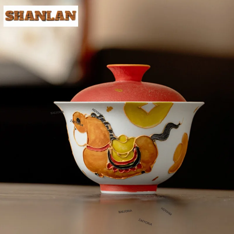 

130ml Hand-painted Horse Gaiwan Boutique Not Hot Tea Tureen Household Tea Bowl With Lid Kit Tea Brewing Cover Bowl Teaware Craft