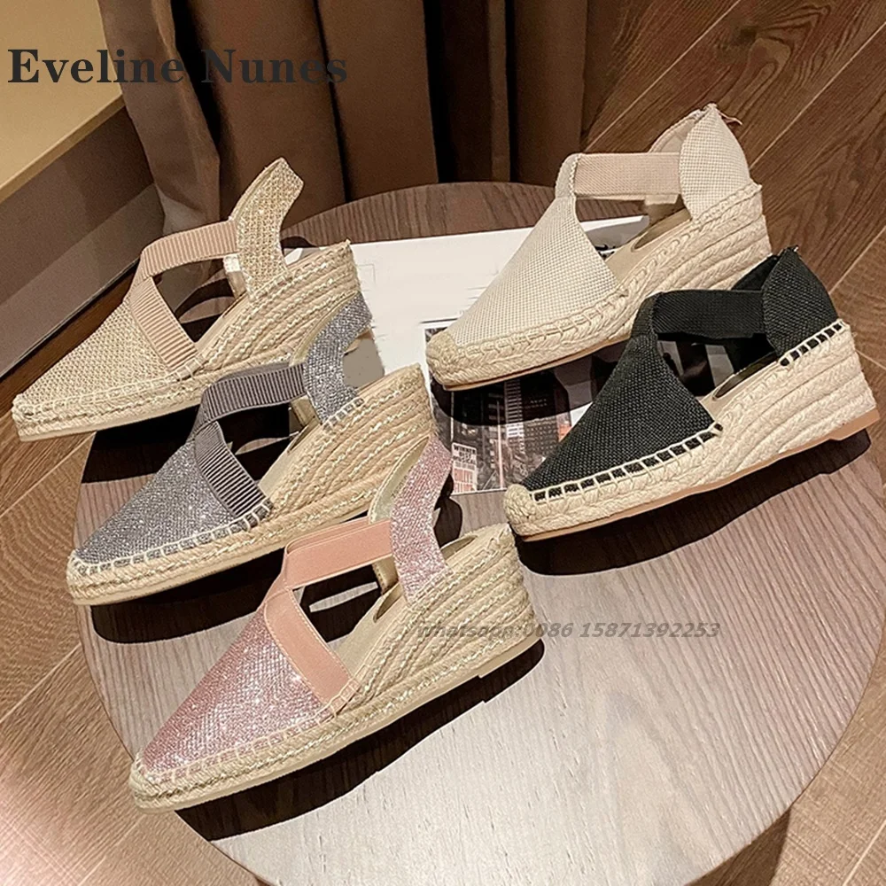 Panno con paillettes fascia elastica diapositive zeppe con punta tonda Patchwork bicolore tessuto aria laterale sandali da donna Slingback scarpe da