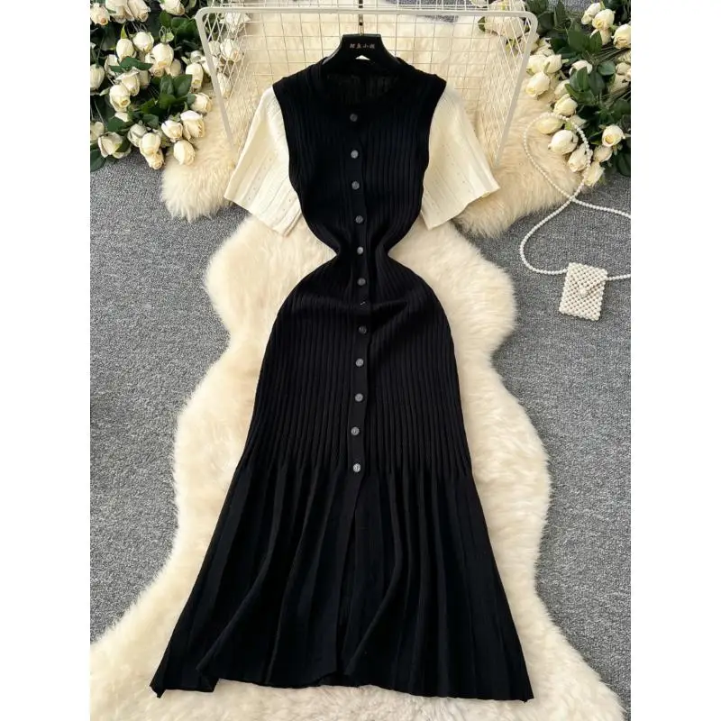 

Luxury Dresses Women 2025 Short Sleeved Knitted Round Neck Single Breasted Solid Color Elegant And Beautiful Women's Dresses