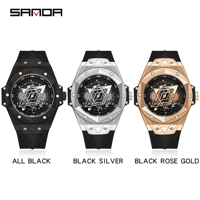 SANDA Designer New Fashion Men Luxury Rose Gold Watch  Rubber Strap Hollow Dial Waterproof Quartz Wristwatch Relógio masculino