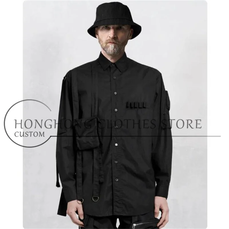 Original design black tourniquet deconstructed shirt - hardworking pioneer functional style multi-pocket laced workwear shirt