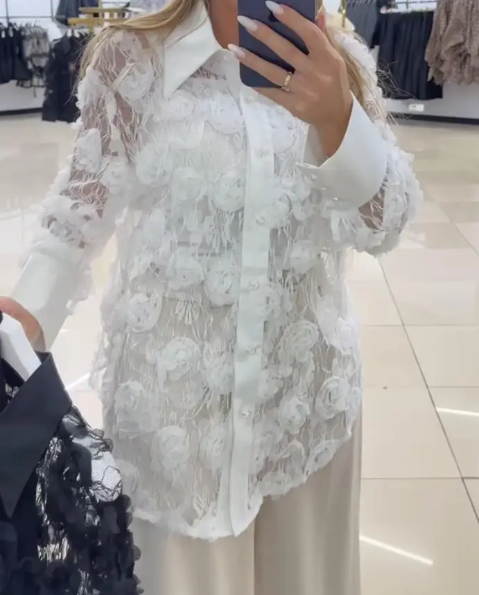 

3D Floral Design Turn-Down Collar Long Sleeve Casual Blouse - No Belt Included