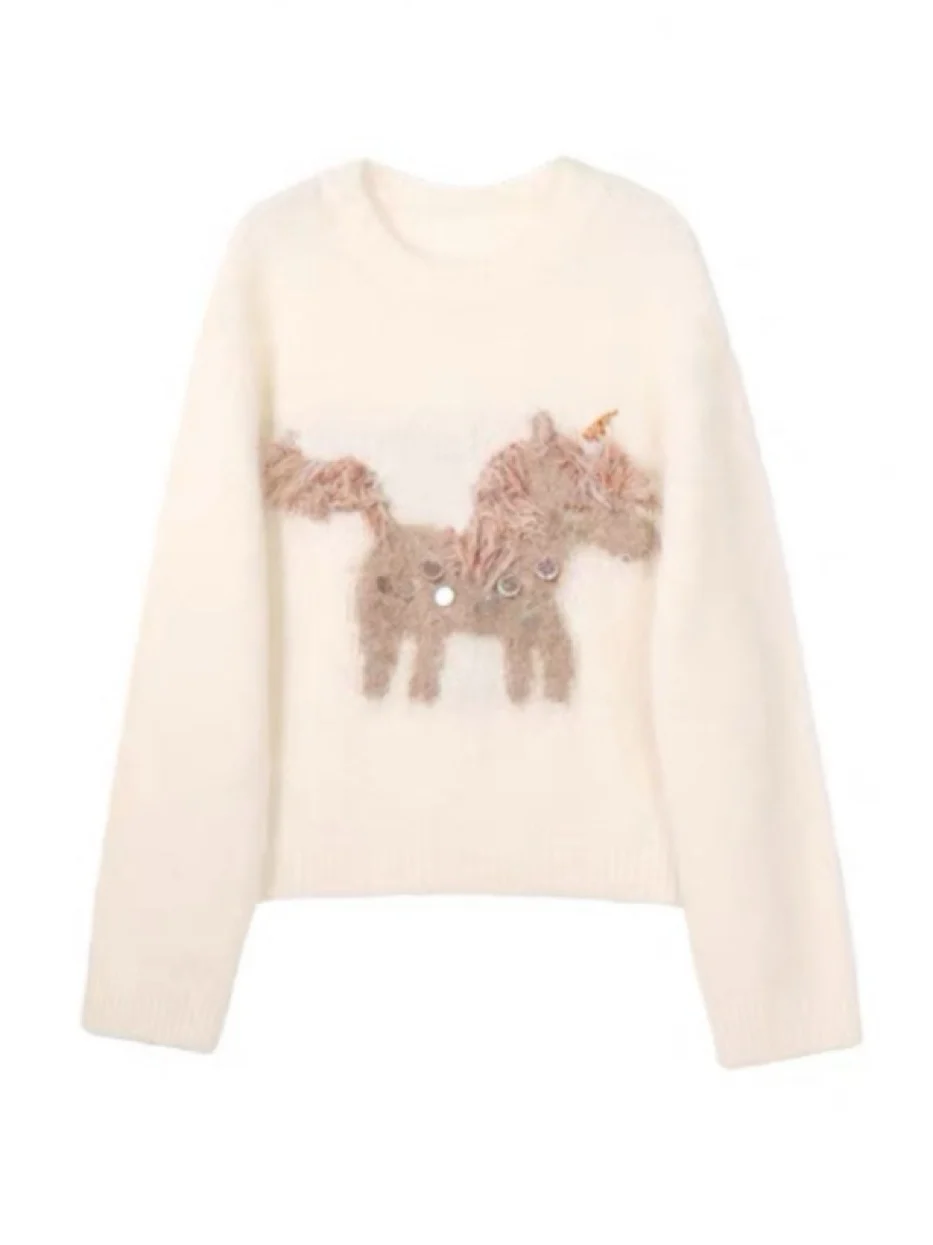 Suéter Gevi de Punto con Bordado de Alpaca, Cuello Redondo Holgado, Suave y Cálido para Mujer, Moda de Invierno, Manga Larga