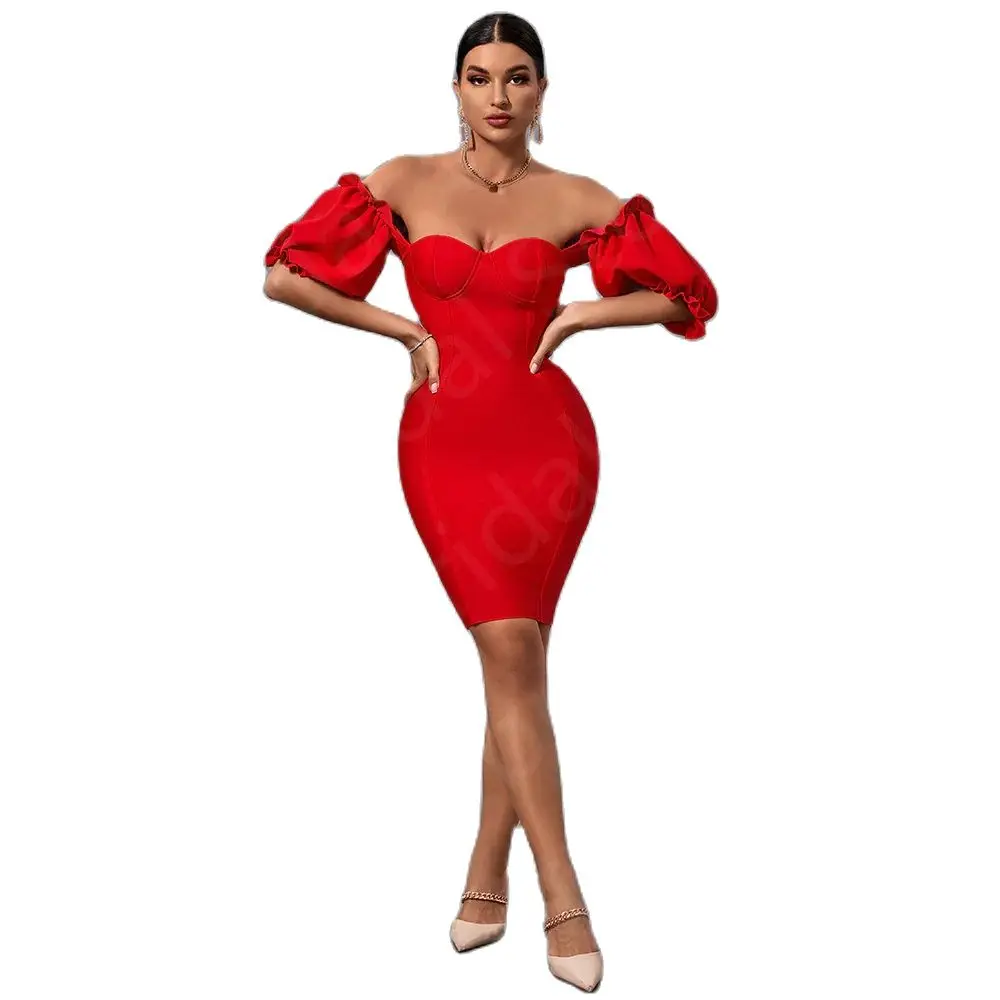 New Modern Homecoming Dresses Short Red Cocktail Party Dresses 2024 Off Shoulder Sleeve Wedding Guest Gowns Knee Length Back Out