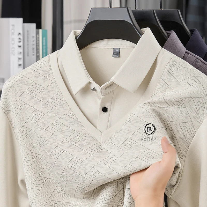 Hochwertiges Luxus-Herren-Poloshirt mit Revers, Fake-Two-Piece-Design, Herbst-Neuheit, Exquisiter Druck, Langarm-T-Shirt, Modische Business-Herrenkleidung