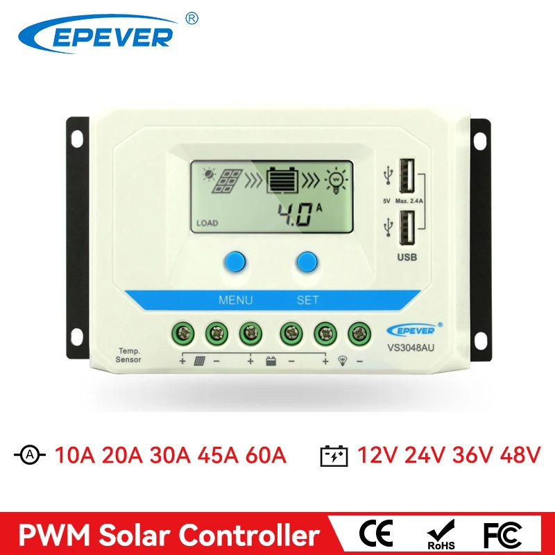 

EPEVER 60A 45A 30A 20A 10A PWM Solar Charger Controller 12V 24V 36V 48V Auto Solar Panel Regulator With Backlight LCD Dual USB