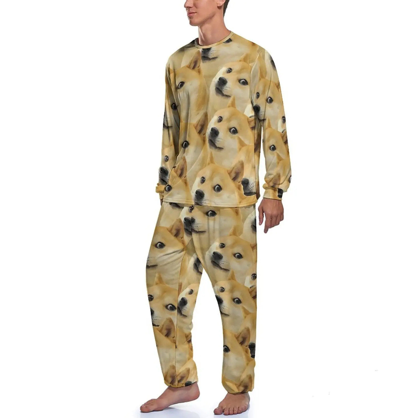 Shiba inu doggo cão meme montagem pijamas de manga longa 2 peças conjuntos de pijama casual primavera design masculino retro pijamas