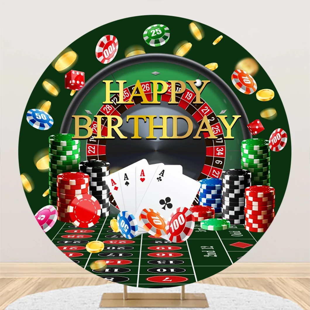 Casino Party Round Background Birthday Theme Decoration Red Curtain Playing Cards Golden Glitters Circle Photography Backdrop