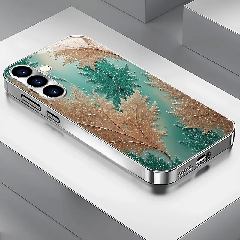 

Gold and green leaf pattern electroplated glass phone case, suitable for Samsung S26/S25/S24/S23/S22/S21/S20 and other models.