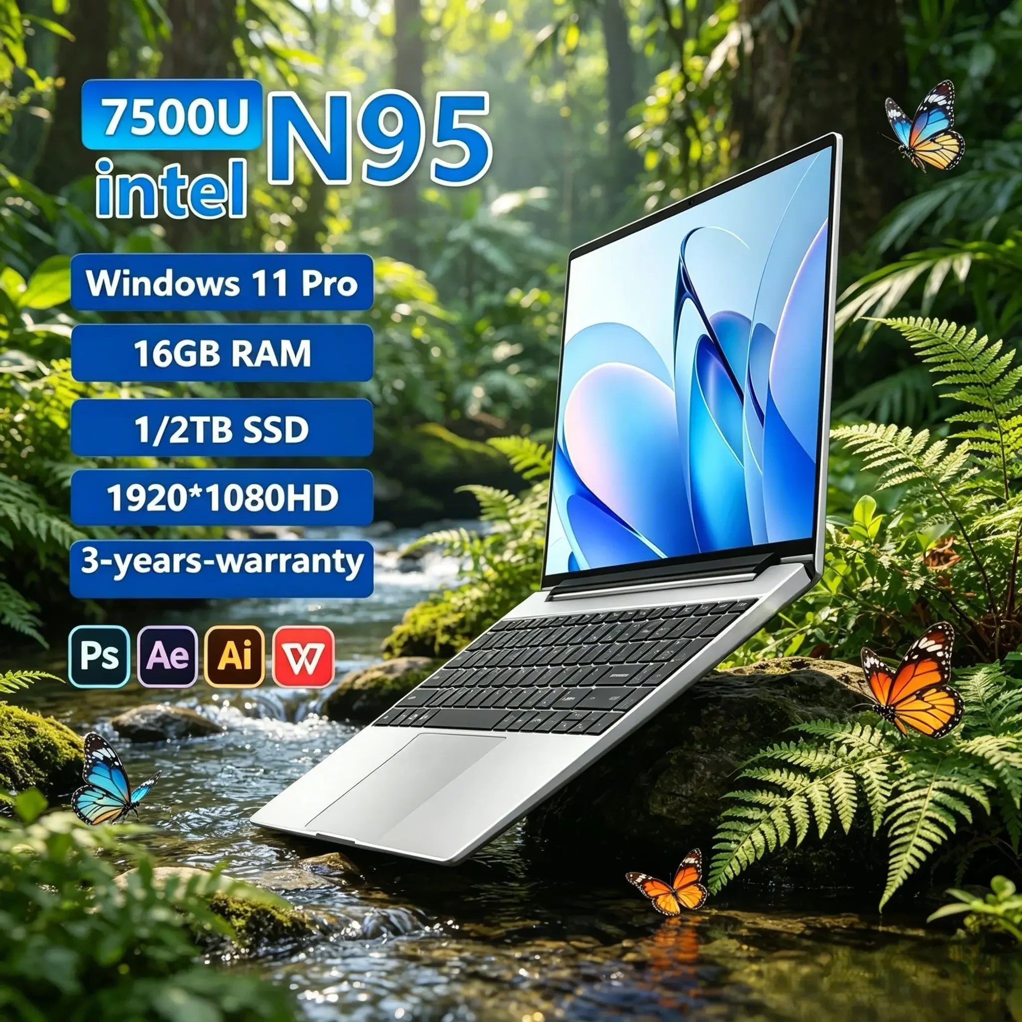 

14.1" Laptop with Intel N95 Processor, 120Hz Ultra‑Clear Display, 7500mAh Large‑Capacity Battery, 32GB / 2TB, Backlit Keyboard
