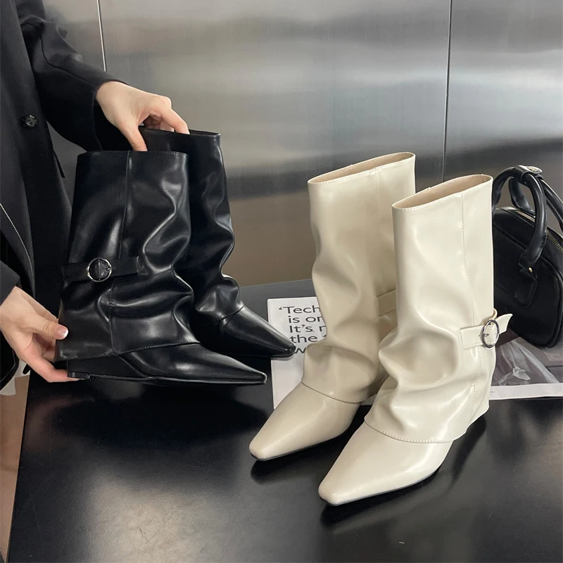 

Расклешенные ботинки на танкетке, женская обувь, модные современные ботинки с пряжкой, кожаные лоскутные ботинки без шнуровки до середины икры, черные, белые zapatos de mujer
