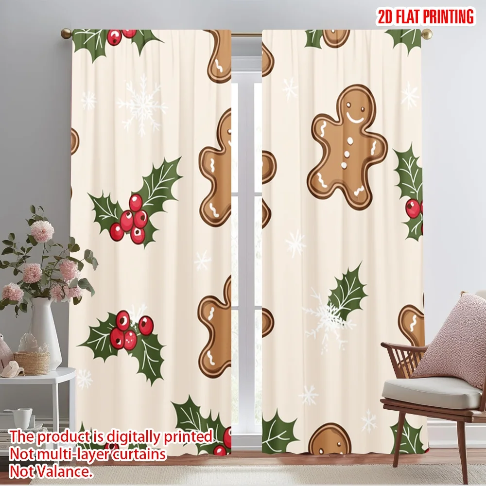 2pcs,2D plane printing Creative Curtains Gingerbread Holly Christmas Versatile Polyester (without rod) Versatile All Perfect for