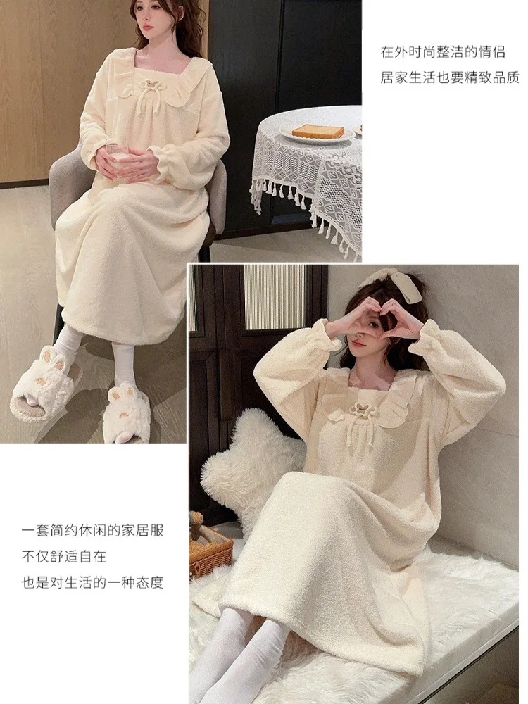 5XL Plus Size Women Winter Coral Velvet Sleep Dress Korean Sweet Fleece-lined Thickened Long Sleeve Flannel Nightgown Sleepshirt