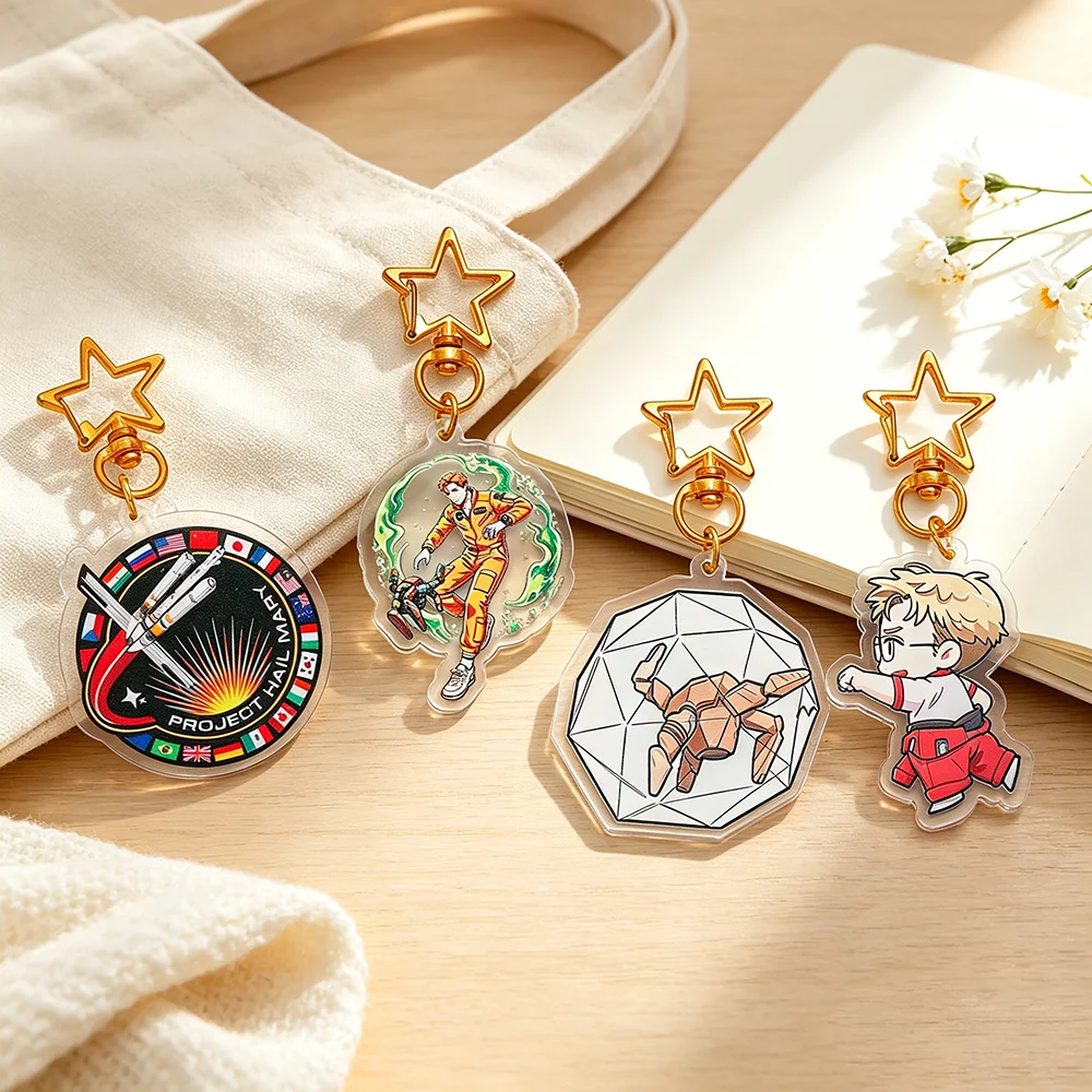 Cute Ryland Grace Alien Keychain with Golden Star Buckle Acrylic Project Hail Mary Collectible Key Ring for Fans