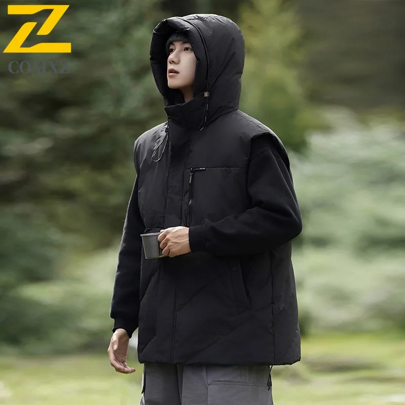 COMXZ Premium Men Down Jacket Casual Hooded Outdoor Adventure Warm Parka Solid Color Travel Windproof Lightweight Winter Coat