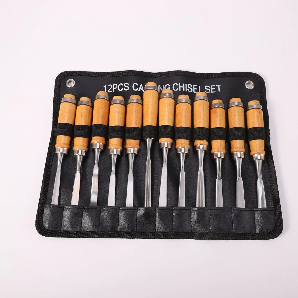 WXCOO Woodworking Gouge Chisel Kit 12PCS Full Size Sharp Wooden Handle Tools with Pouch for Carving Projects and Carpentry Work