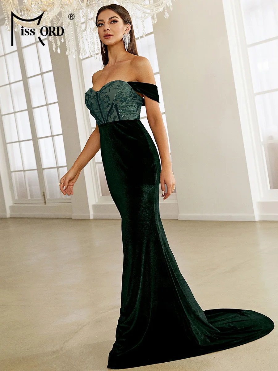 Missord Women Green Velvet Evening Dress Elegant Off Shoulder Sequin Bodycon Maxi Mermaid Cocktail Party Prom Dresses Long Gown