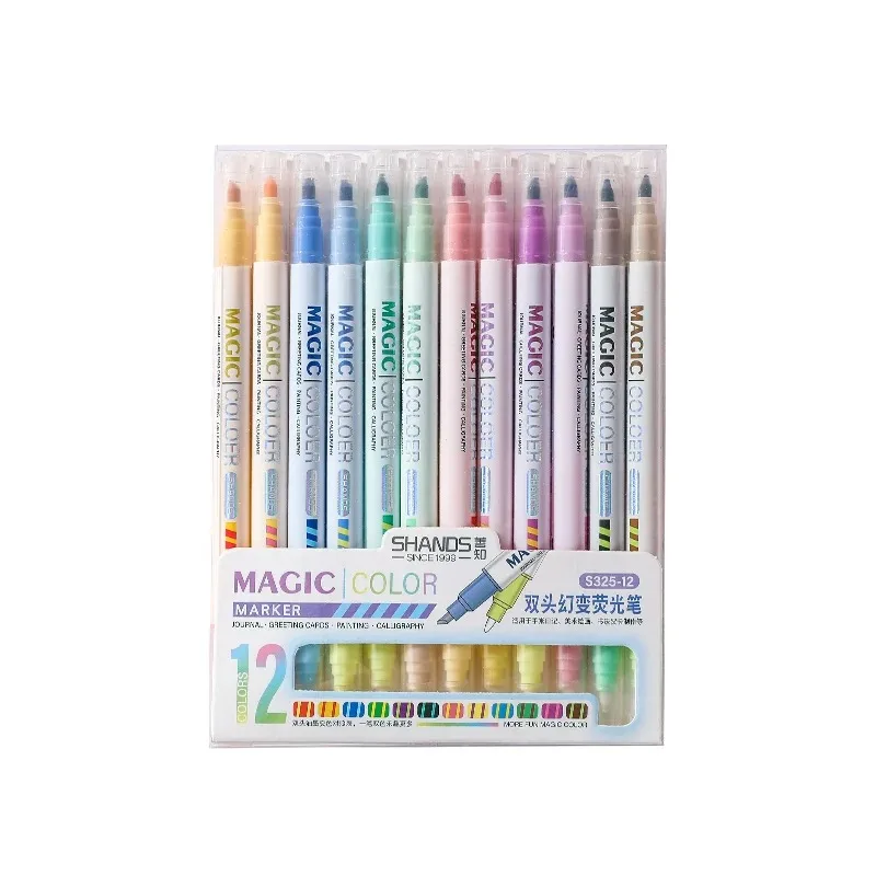 12pcs Double-ended Magic Color Marker Pen Changing Highlighter Pen Set Student Diary Scrapbook Painting DIY Office Supplies