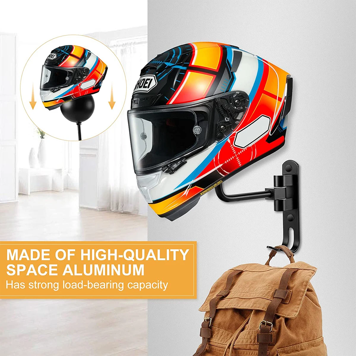 Motorcycle Helmet Rack Wall-Mount Helmet Display Holder with Hook 180° Rotation Bike Helmet Hanger for Home Garage Organizer