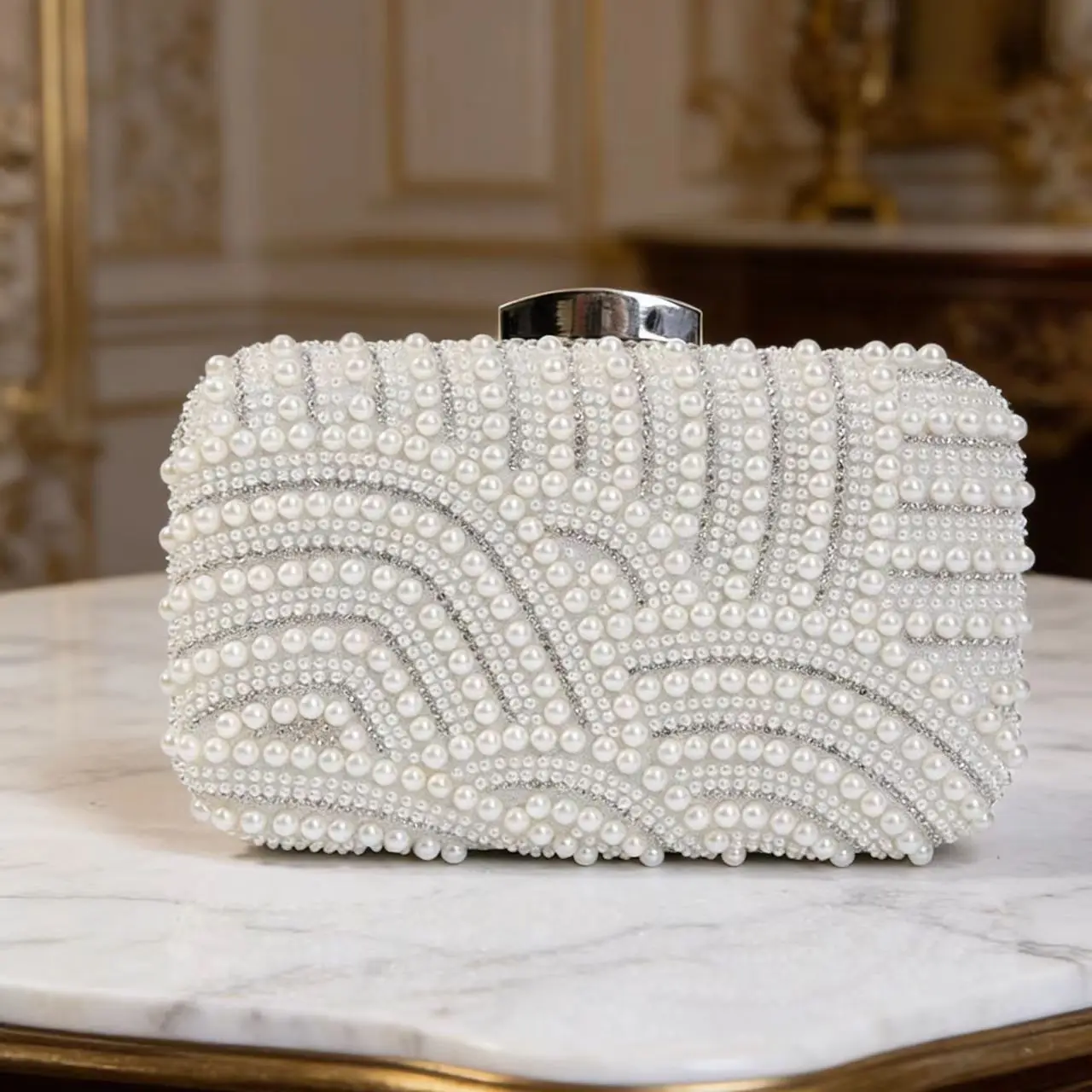 Ladies Pearl Elegant Evening Bag Fashionable Stylish Beading Wedding Dinner Party Banquet  Dress Clutch Bag with Long Chain