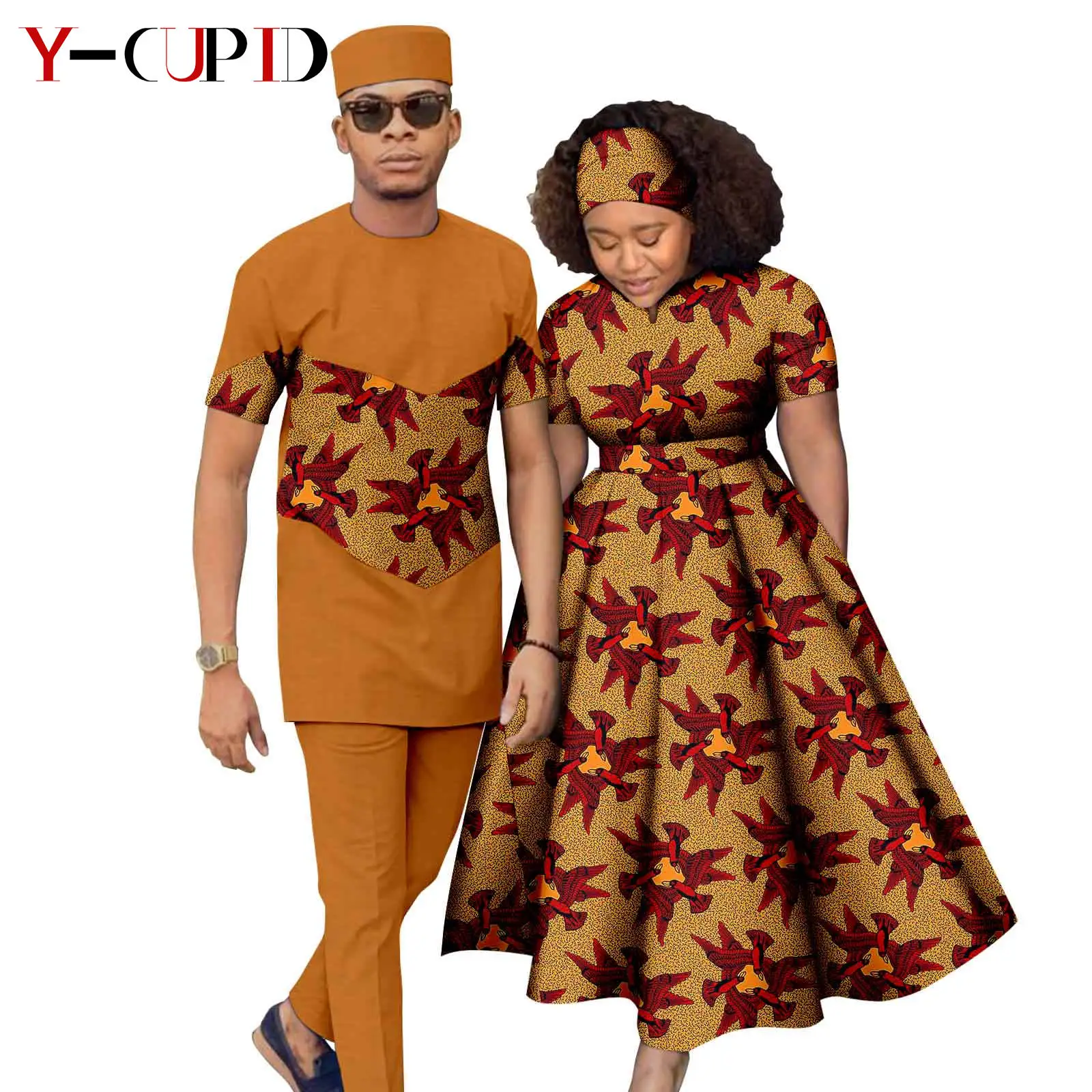 African Print Long Dresses for Women Matching Men Outfits Cap Patchwork Top and Pant Sets Dashiki Couple Clothes Kaftan Y23C052