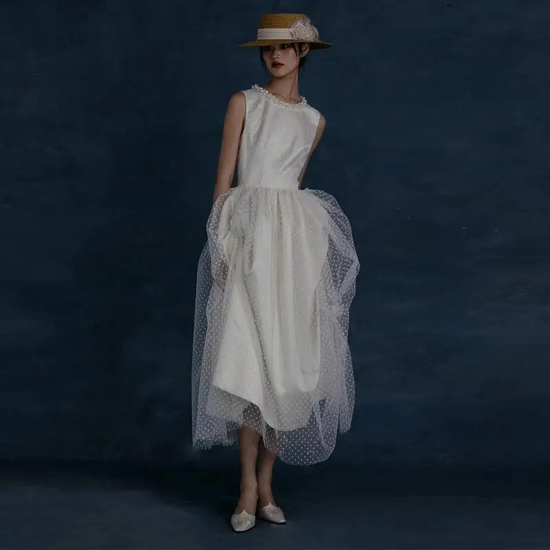 Robe de Soirée Plissée en Tulle Imprimé pour Femme, Tenue Élégante à Col Rond, Simple et Mi-Longue, à la Mode Française, Nouvelle Collection 2023