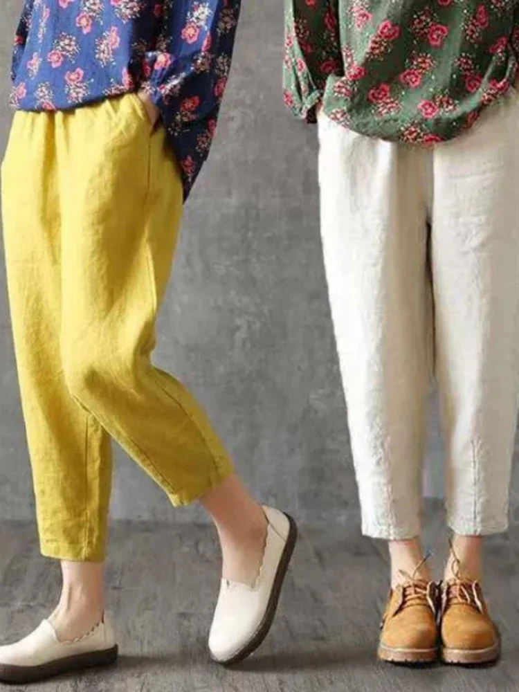 2024 Fashion Woman Pants Casual Cotton Linen Harem Pants LOOSE Solid Ankle-Length Pants Elastic Waist Women\'s Summer Breeches