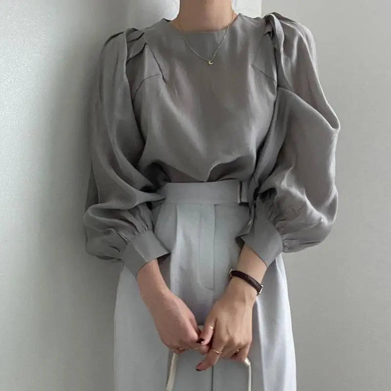 

Ele Loose Long Sve Bubble Sve irt Женский ретро-дизайн Весна Осень Новый Sle Ladies Casual irt Pure Color rou...