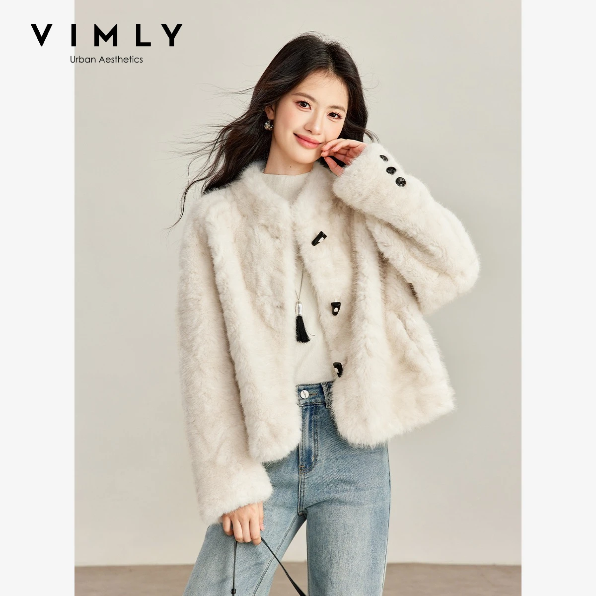 VIMLY Women's Coat 2026 Winter Apricot Stand Collar Furry Horn Button Faux Fur Integrated Jacket Fashion Warm Female Top 32100