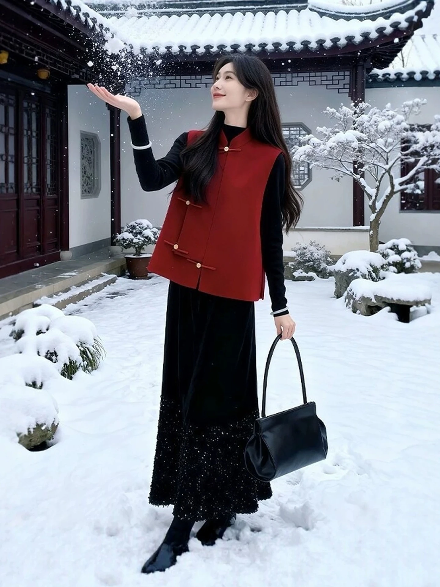 

Red plus Size Winter Faion Set for Women Traditional Chinese Sle Base irt Vest And Skirt Tee Piece Suit High Waist