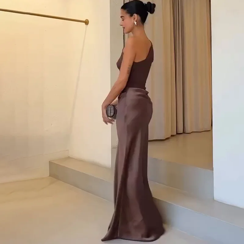 Elegant One-Shoulder Patchwork Satin Maxi Dress Women Sleeveless Ruched Slim Long Dresses 2026 Wedding Guest Evening Party Robes