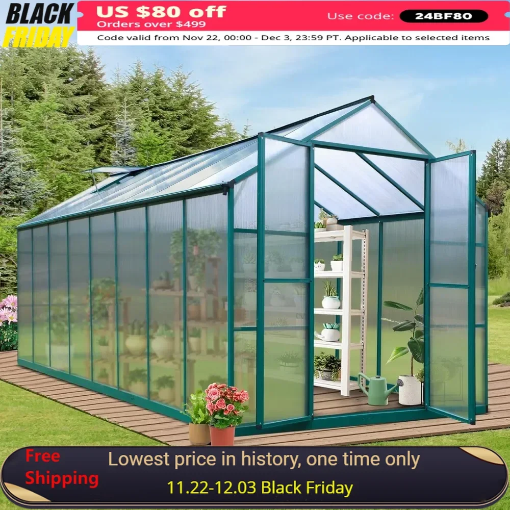 8FT X 16FT Greenhouse with Adjustable Roof Vent and Rain Gutter for Backyard Garden, Outdoor Aluminum Polycarbonate Greenhouse