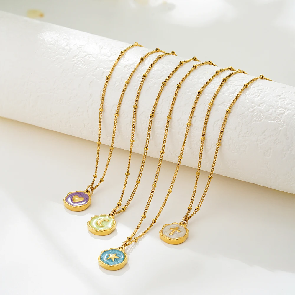 Punk Geometric Irregular Enamel Colorful Natural Stone Pendant Necklace for Women Stainless Steel Cross Heart Opal Choker Gifts