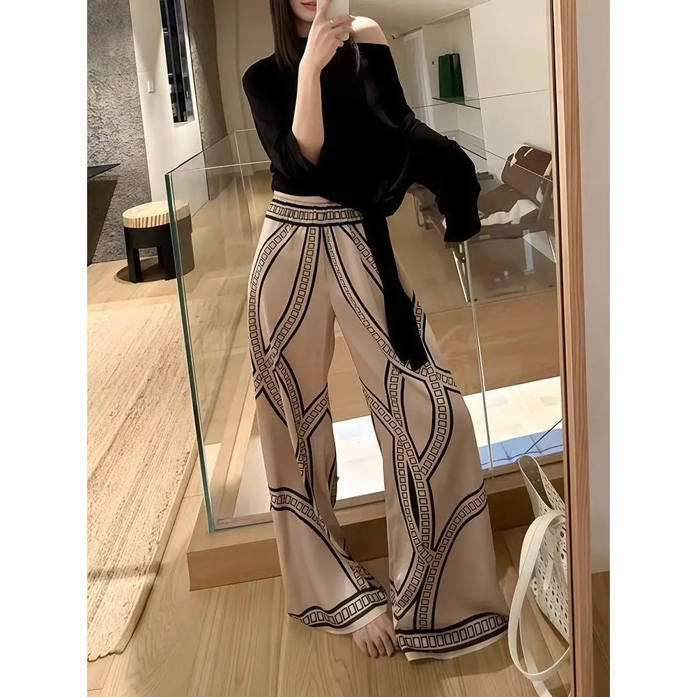 

Cotton-Poly Blend Plus Size Printed Wide-Leg Pants for Women – Spring Summer Elegant Loose High-Waist Trousers