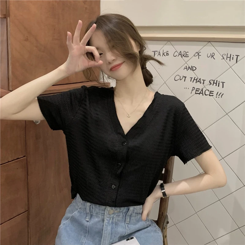 Chic V-Ne Pleated Slimming ort Sve irt Women's Summer 2023 New Ele Top Korean Sle Mixed Fabric Pure Color