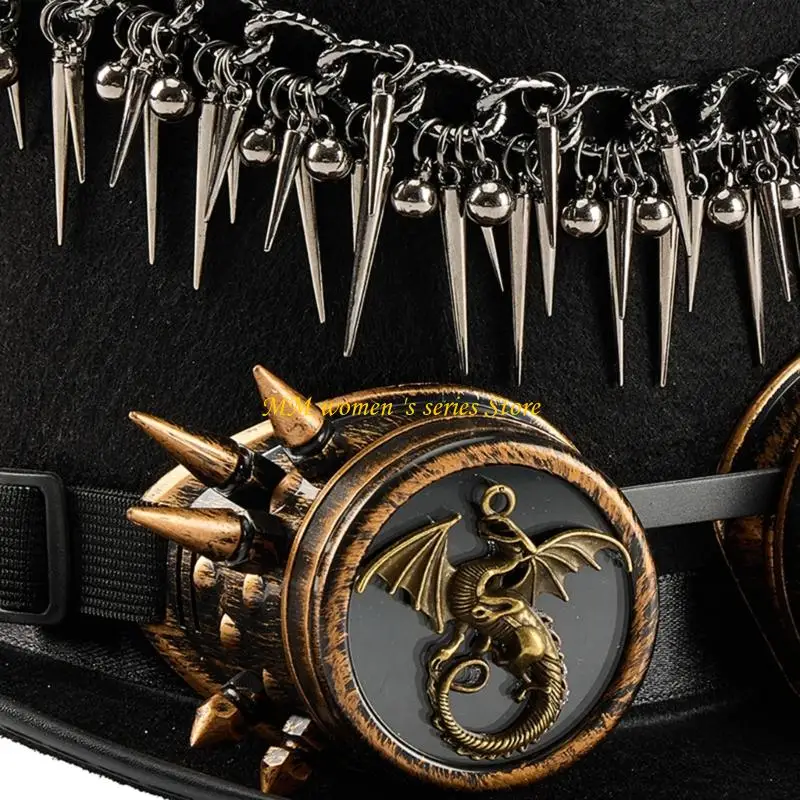 Q39C Dark Series Tall Hat with Removable Goggles Rivets Pendant Gothic Top Hat For Steampunk Enthusiasts And Cosplay Event