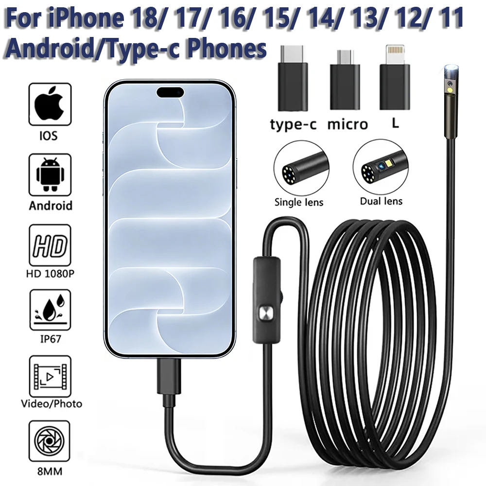 8mm 1080P Dual Single Lens Automotive Piping Professional Endoscope Borescope Inspection Camera Type C For Iphone Cars Android