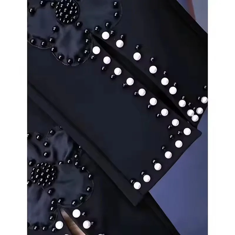 Spring Summer New Heavy Industry Black Flower Nail Bead Micro Pull Pants Female Slim Elastic Casual Short Versatile Women Pants