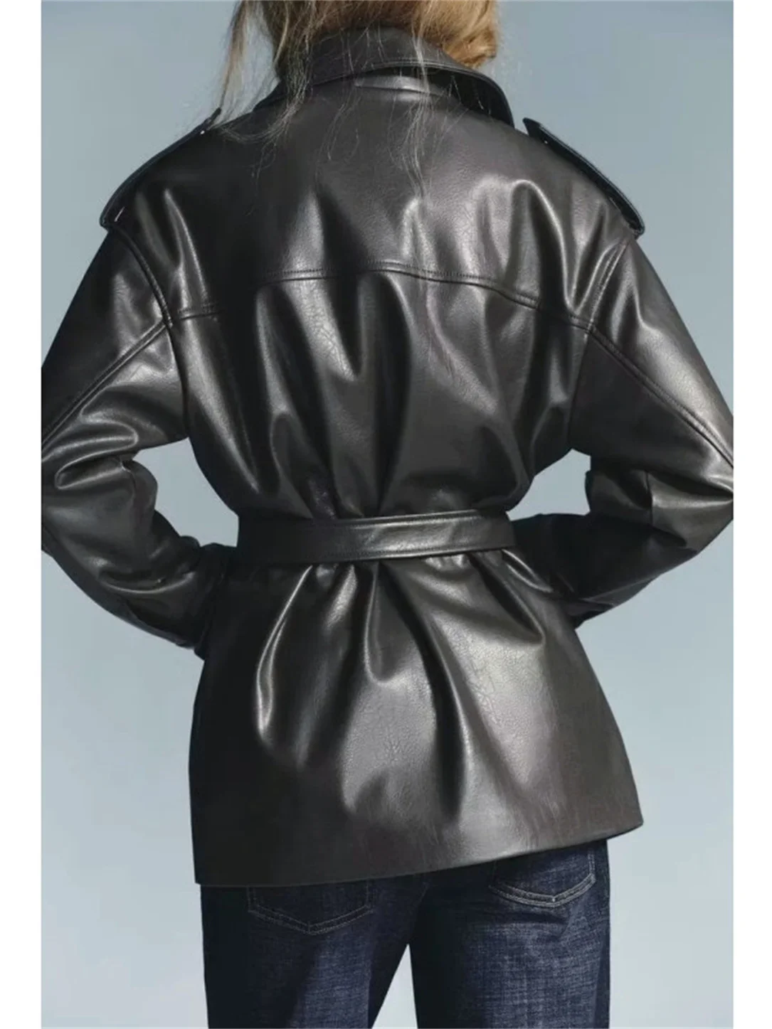 Nuevo otoño mujer Casual Sle Faionable cuero Jaet abrigo con cinturón Material de cuero PU diseño de cremallera larga Sve