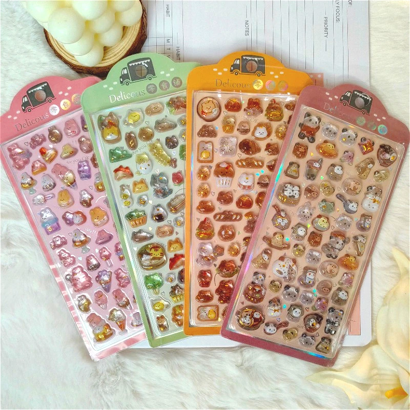 

4pcs Children's Cartoon Fresh-style Reward Stickers - Dreamy Rabbit & Panda Crystal Embossed 3D Decorative Stickers for Journals