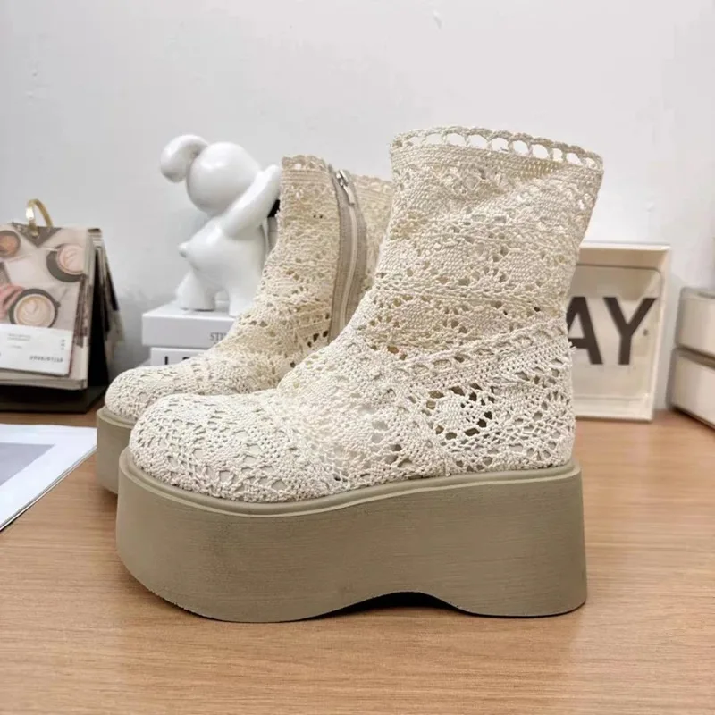 Platform Ankle Boots High Wedge Heel Breathable Casual Combat Bottine Shoes Summer Cool Women's Hollow Out Crochet Thicken