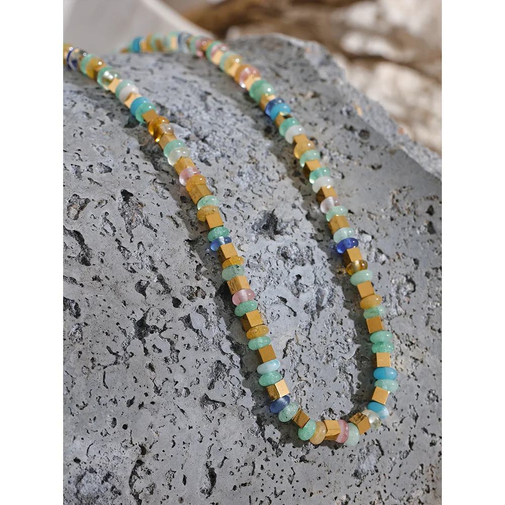 Yhpup Light Color Natural Stone Beads Handmade Necklace for Women Stainless Steel Metal High Quality Women Jewelry Gala Gift
