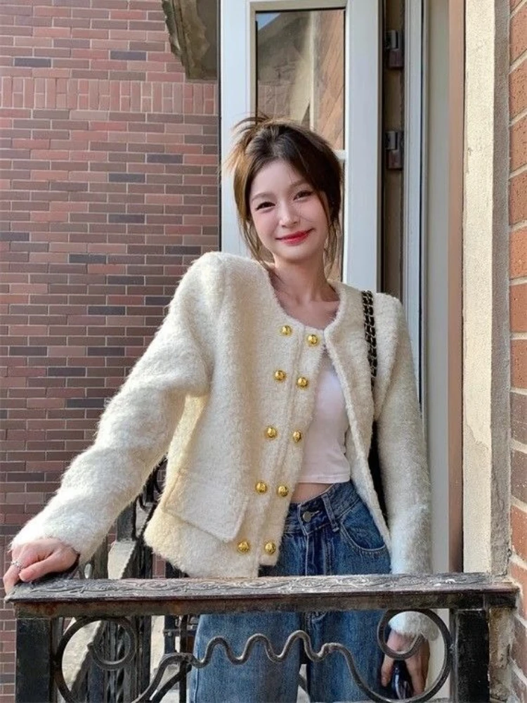 

202, осенне-зимнее женское свободное двубортное шерстяное пальто, модный пиджак с длинными рукавами для миниатюрных дам, элегантный модный