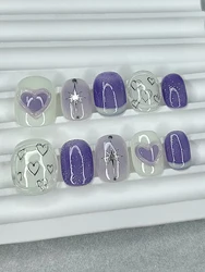 10 Pieces Sweet and Cute Press On Nails Handmade Purple Fine Glitter Graffiti Heart Shaped False Nail Patches Removable