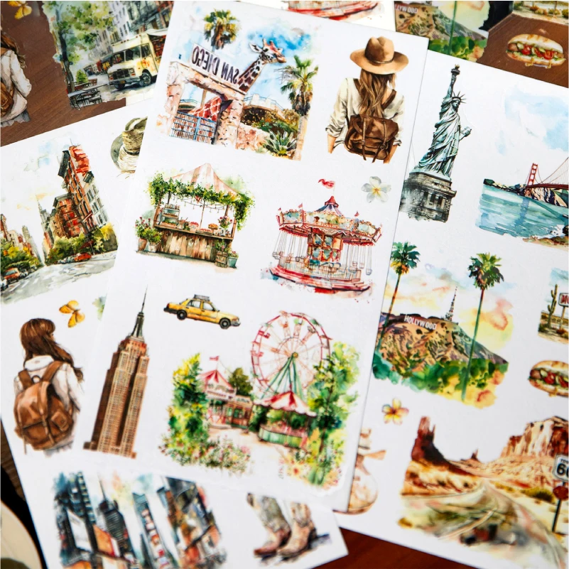 6Pcs/bag Living Landscaping Stickers Dual Material Creative Decoration DIY Handbook Scrapbook Photo Frame Picnic Travel Stickers