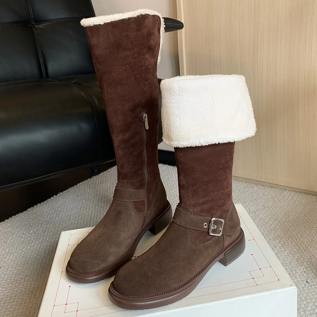 

2024 Winter new women's natural suede leather warm plush inside knee high snow boots casual female side zip slip-on long boots
