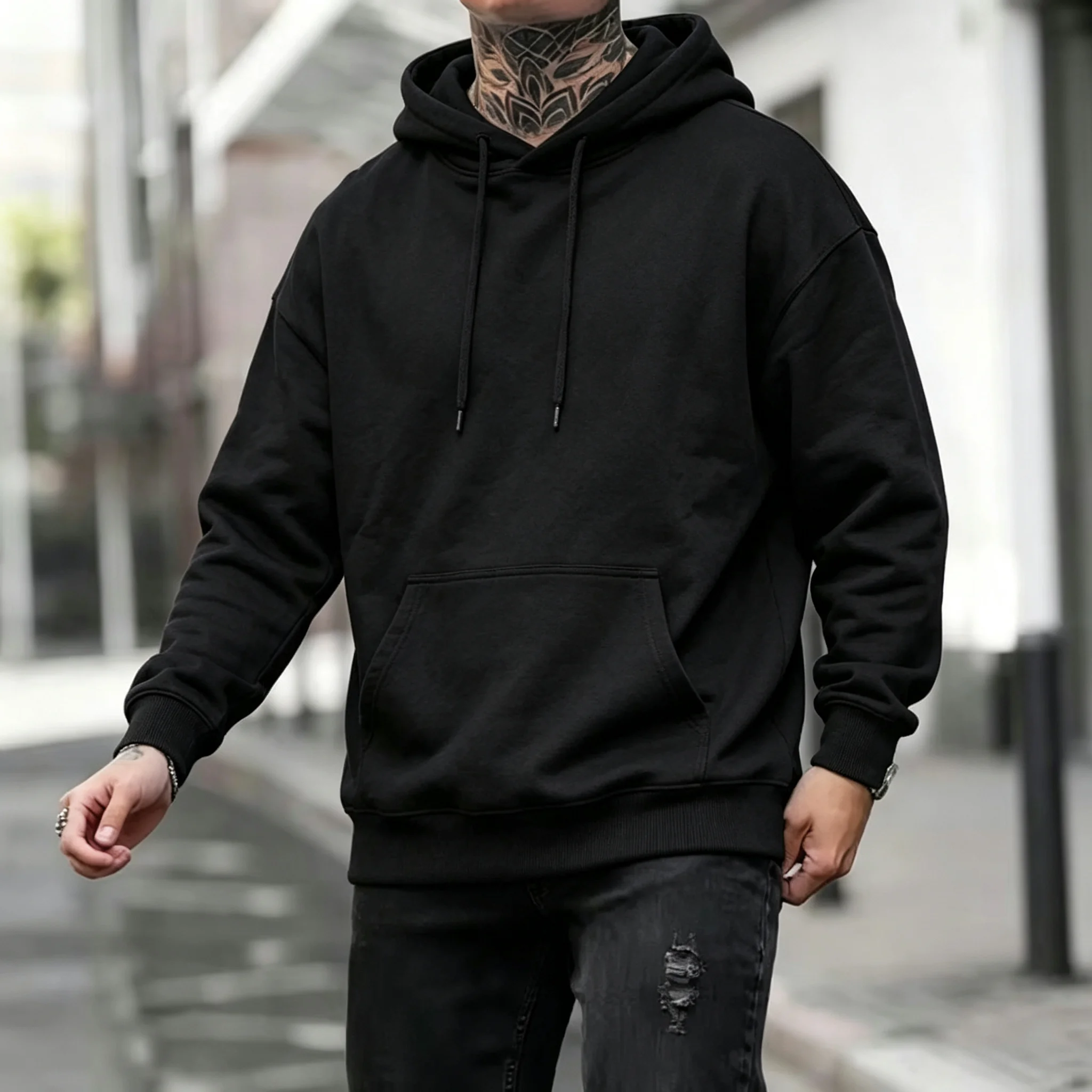 2026Best-selling men's solid-color casual hoodie for outdoor sports and jogging Soft and loose fit Black and white color scheme